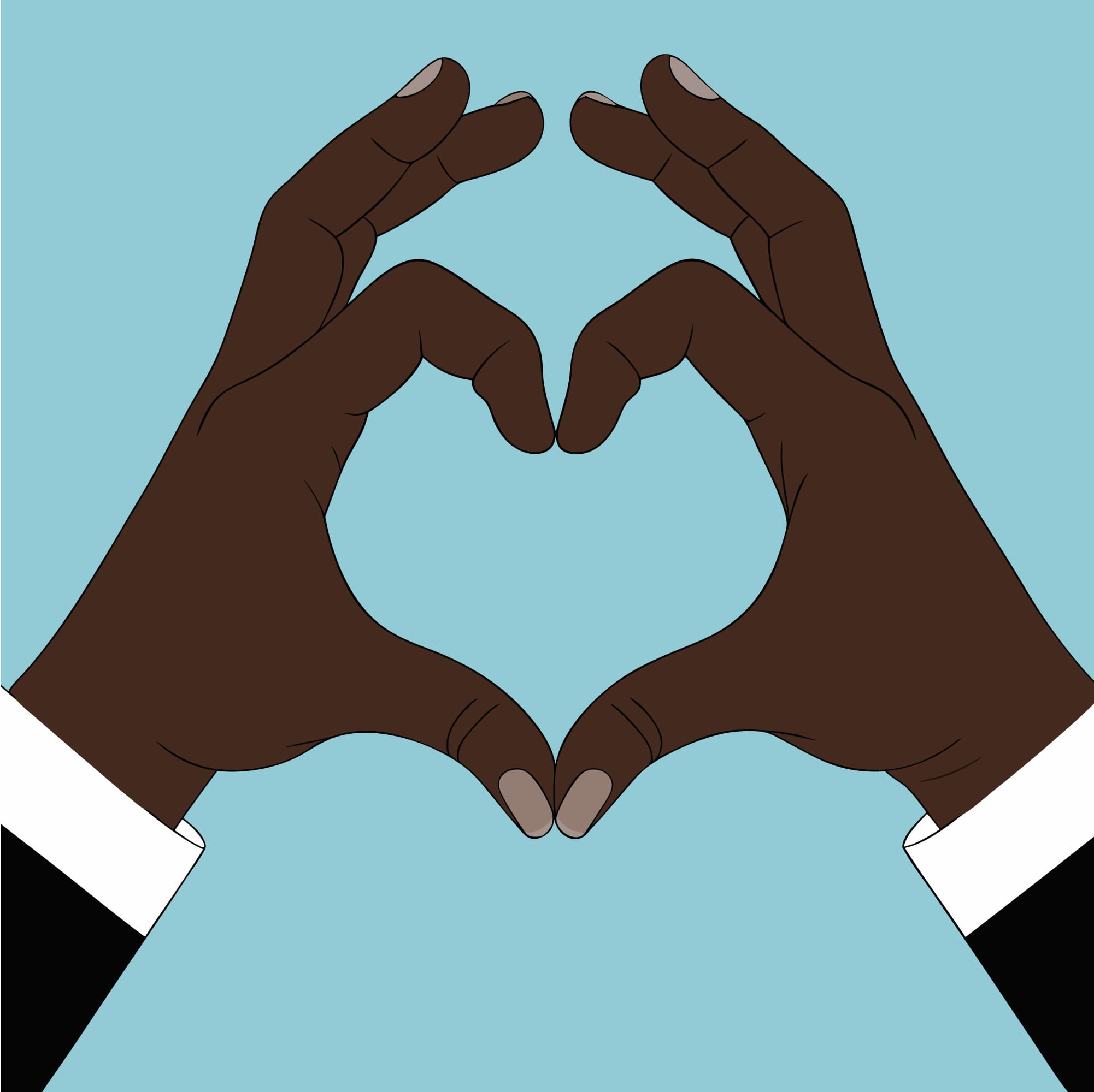 two hands forming a heart shape, light blue background